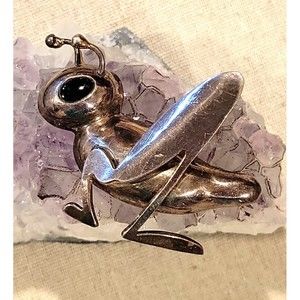 Vintage 925 3D Cricket Grasshopper Brooch Black Onyx Pin Artist Signed Mexico